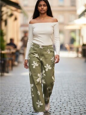 SHEIN Olive Green Wide-Leg Floral Pants with White Off shoulder bodysuit Large